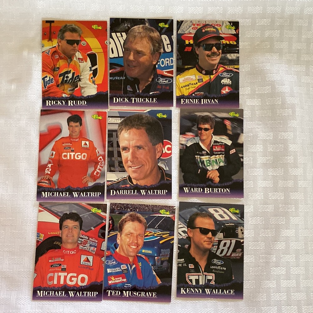 NASCAR vintage trading cards featuring Dick Trickle, Ricky Rudd, Waltrip Bros